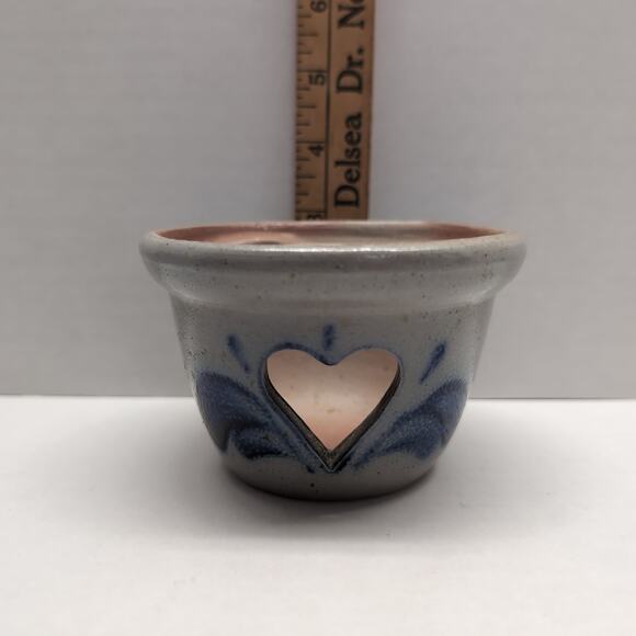 Rowe Pottery Works Heart Cutout Candle Crock Holder Votive Salt Glaze Folk Art - Picture 10 of 10